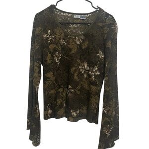 Sheer Floral Lace Long Sleeve Top with Bell Sleeves - Large